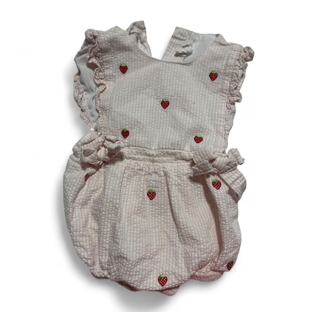 Starting Out Pink Seersucker Strawberry Embroidered Bubble Romper 24M